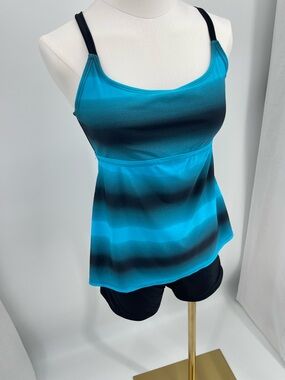 2pc Ombre Teal Strappy M Tankini & Boyshorts Coastal Grandma Sporty Chic Beachy